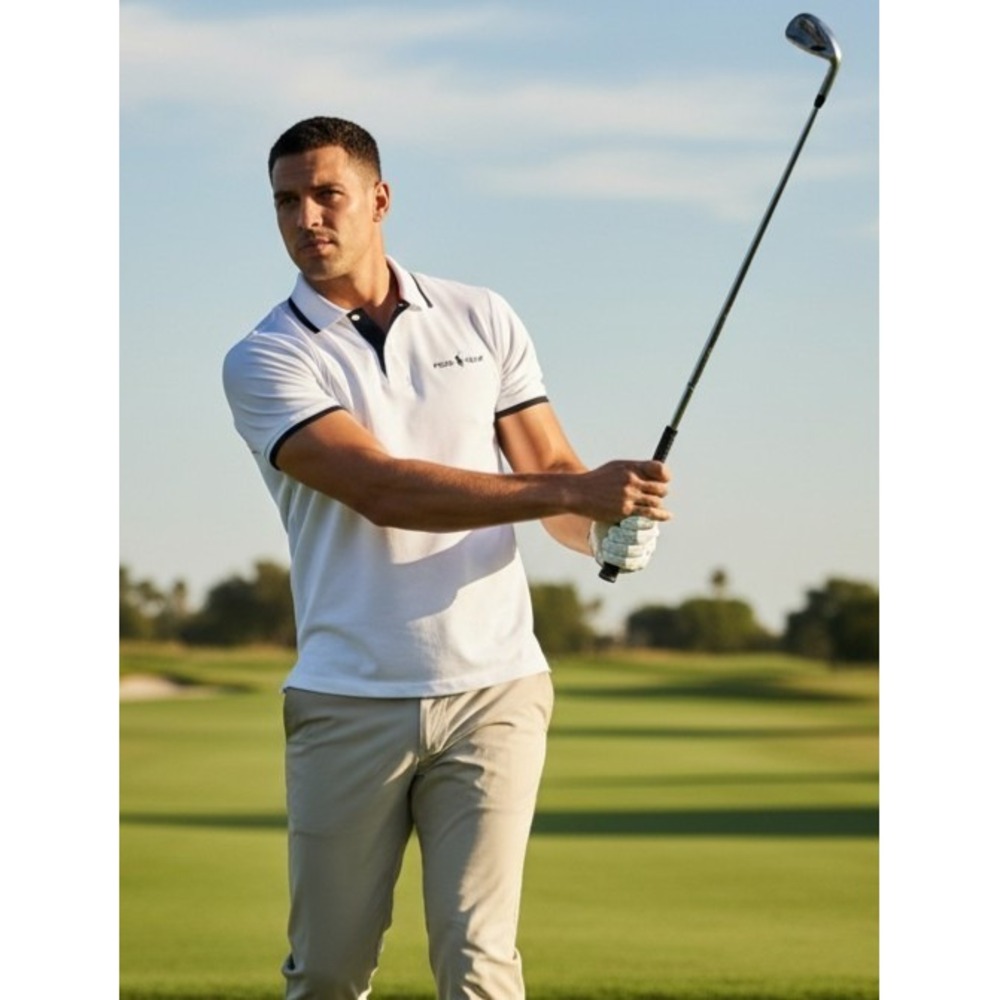 Polo Golf Ralph Lauren Mens L White Navy Trim Performance‎ Polo Shirt Excellent